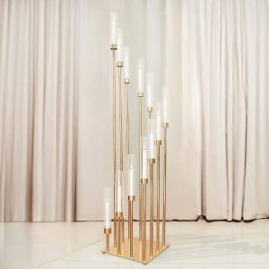12-Arm Gold Cluster Taper Candle Holder with Clear Glass Shades 57" - Luxurious Large Candle Arrangement for Weddings
