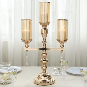 3-Arm Gold Metal Candelabra with Amber Glass Shades - Sophisticated Table Centerpiece for Events