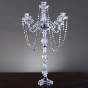 4-Arm Crystal Chandelier Candelabra 35" Silver - Metal Taper Candlestick Holder Table Centerpiece for Events